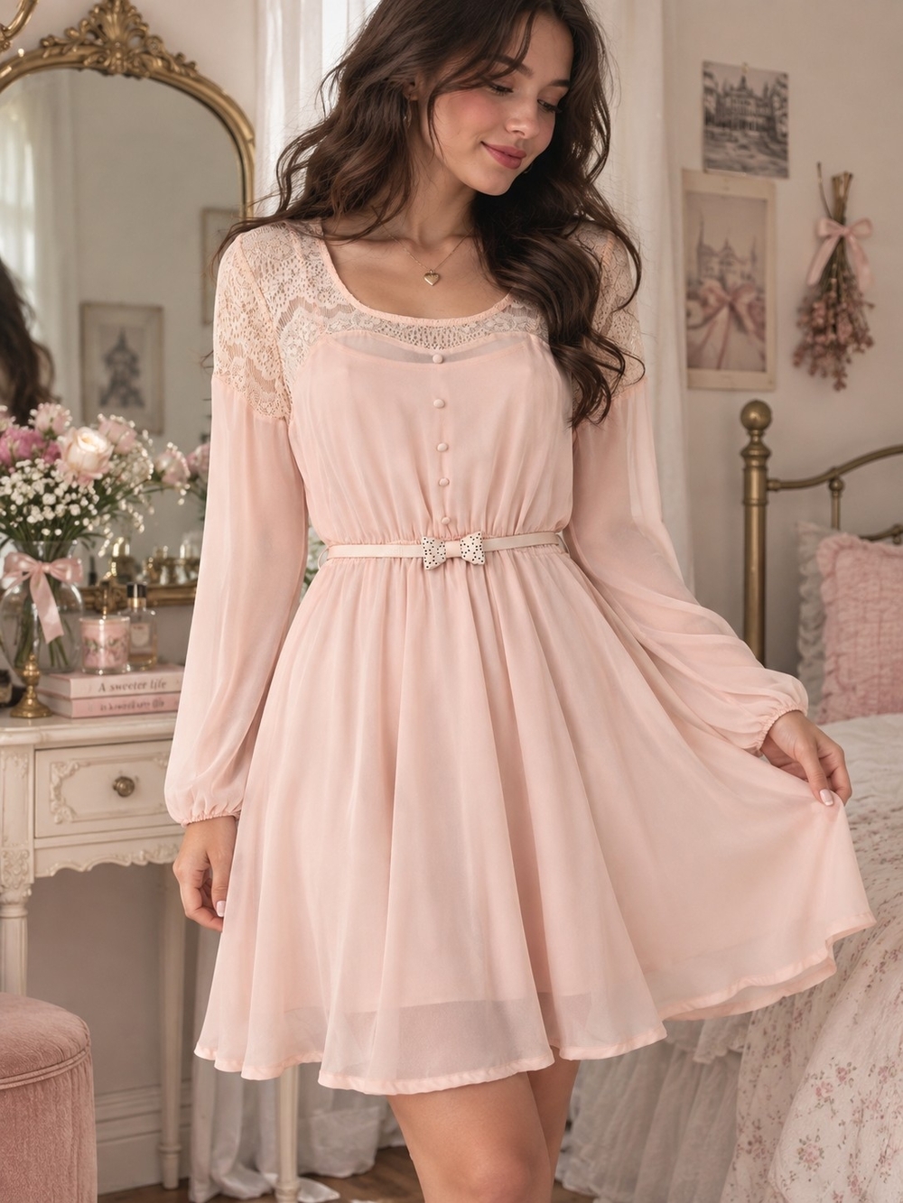Candie’s Blush Pink Belted Lace Chiffon Long Sleeve Fit & Flare Dress - Size M